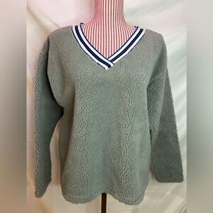 Tommy Hilfiger Fleece V-Neck Sweater - Classic, Gray & Striped Blue Trim, Size L